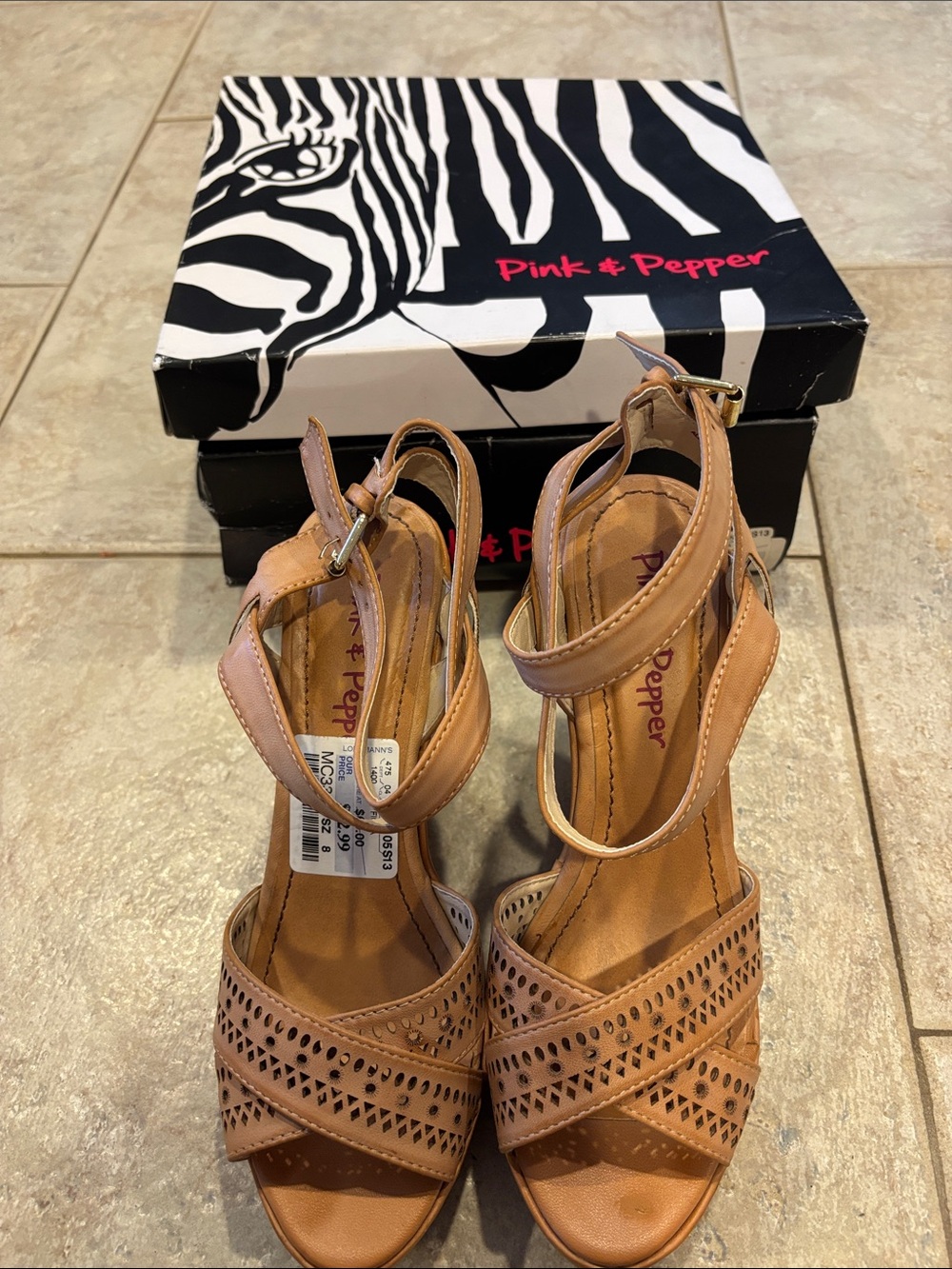 Pink & Pepper Women's Tan Perforated Ankle-Strap Heels